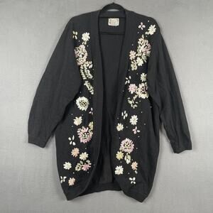 Vintage Lacy After Noon Sweater Cardigan Womens Medium Black Floral Beaded Pearl